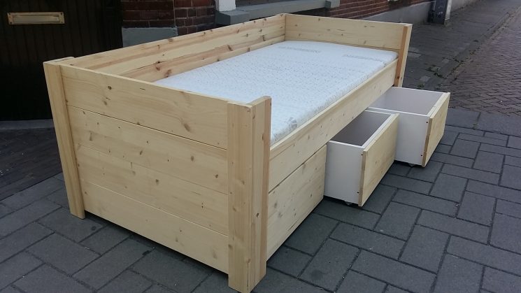 Houten Bank Bed met 3 laden - Petra (Hoog)